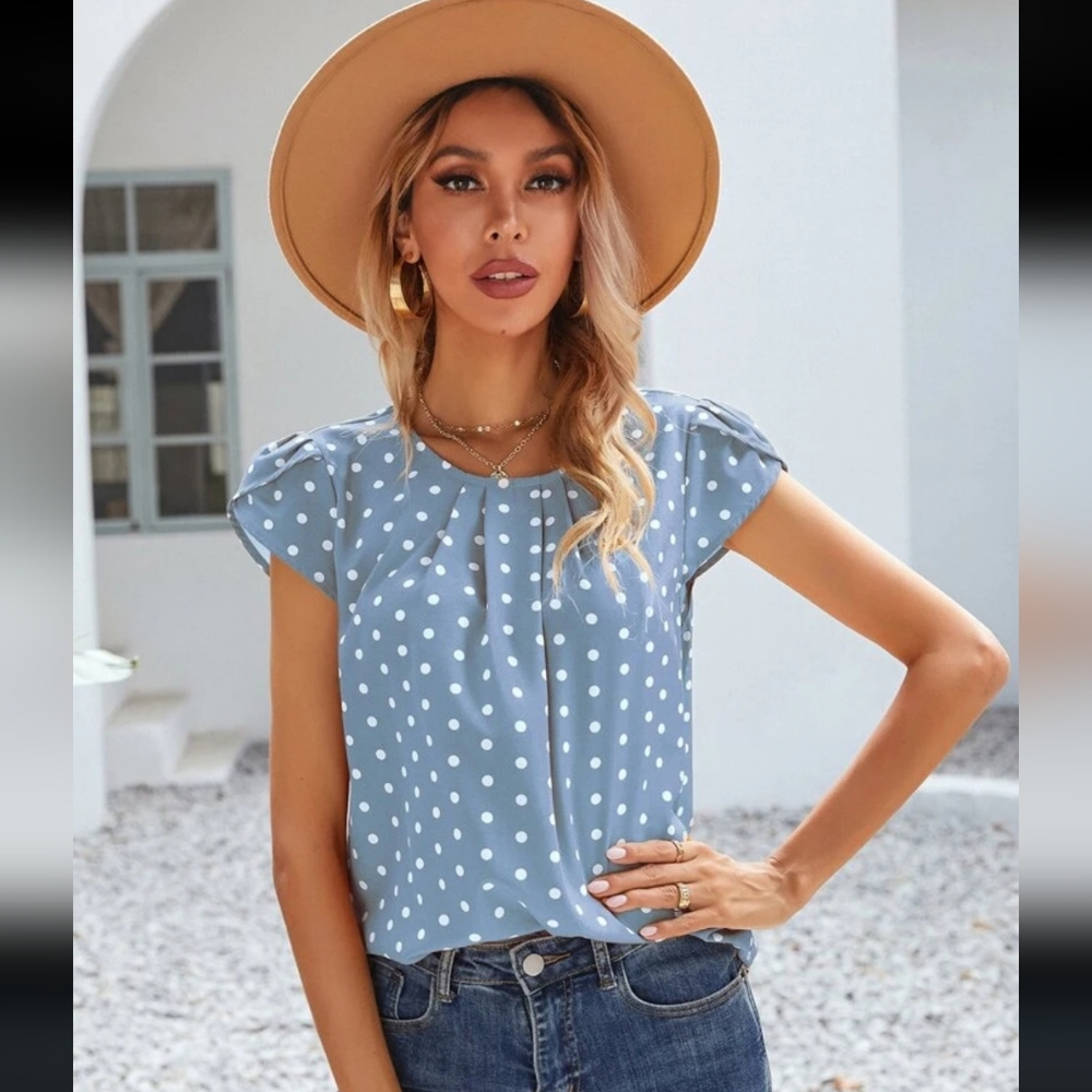 SHEIN Light Blue Polka Dot Petal Sleeve Blouse, Size XL